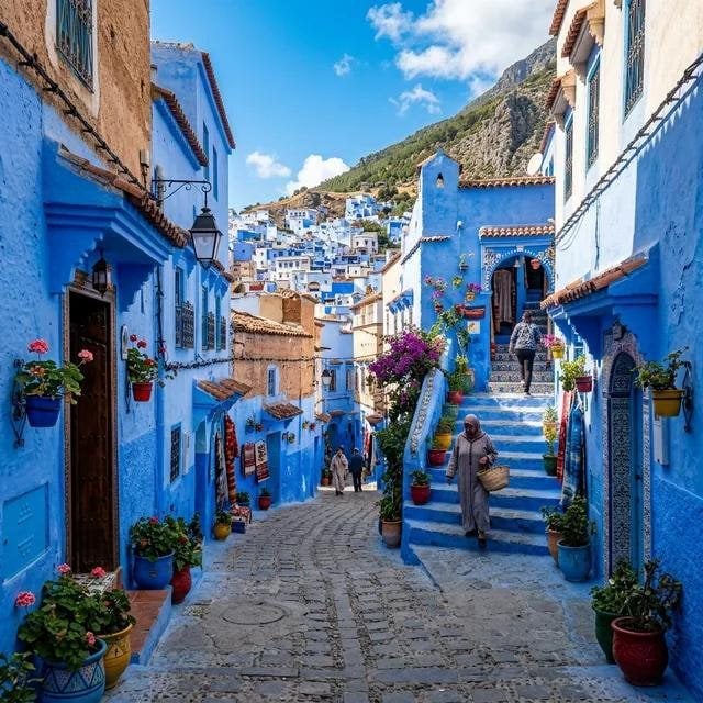Calle azul con escaleras y macetas en Chefchaouen