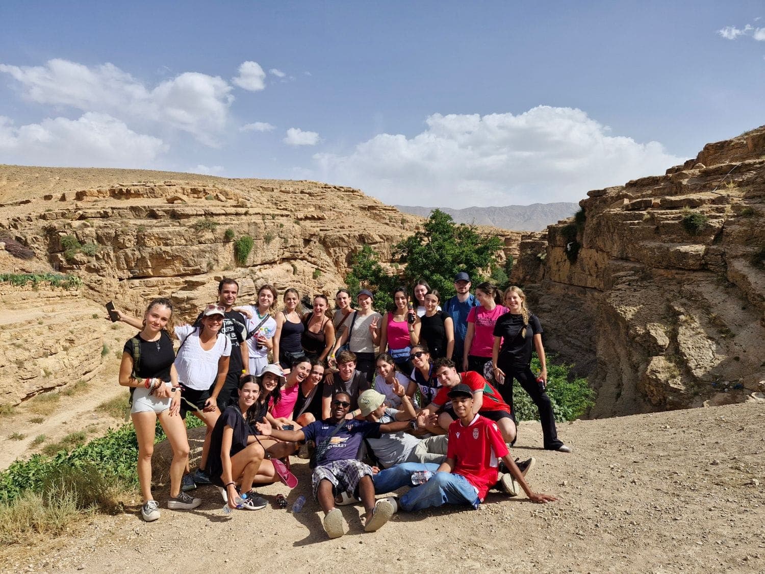 A large group of travellers smiling at the edge of a rocky canyon, with mountains in the background