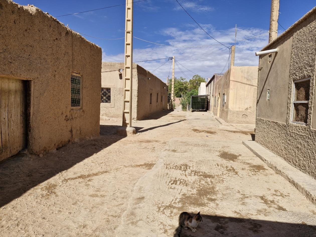 Calle de tierra entre casas de adobe en Tazouka