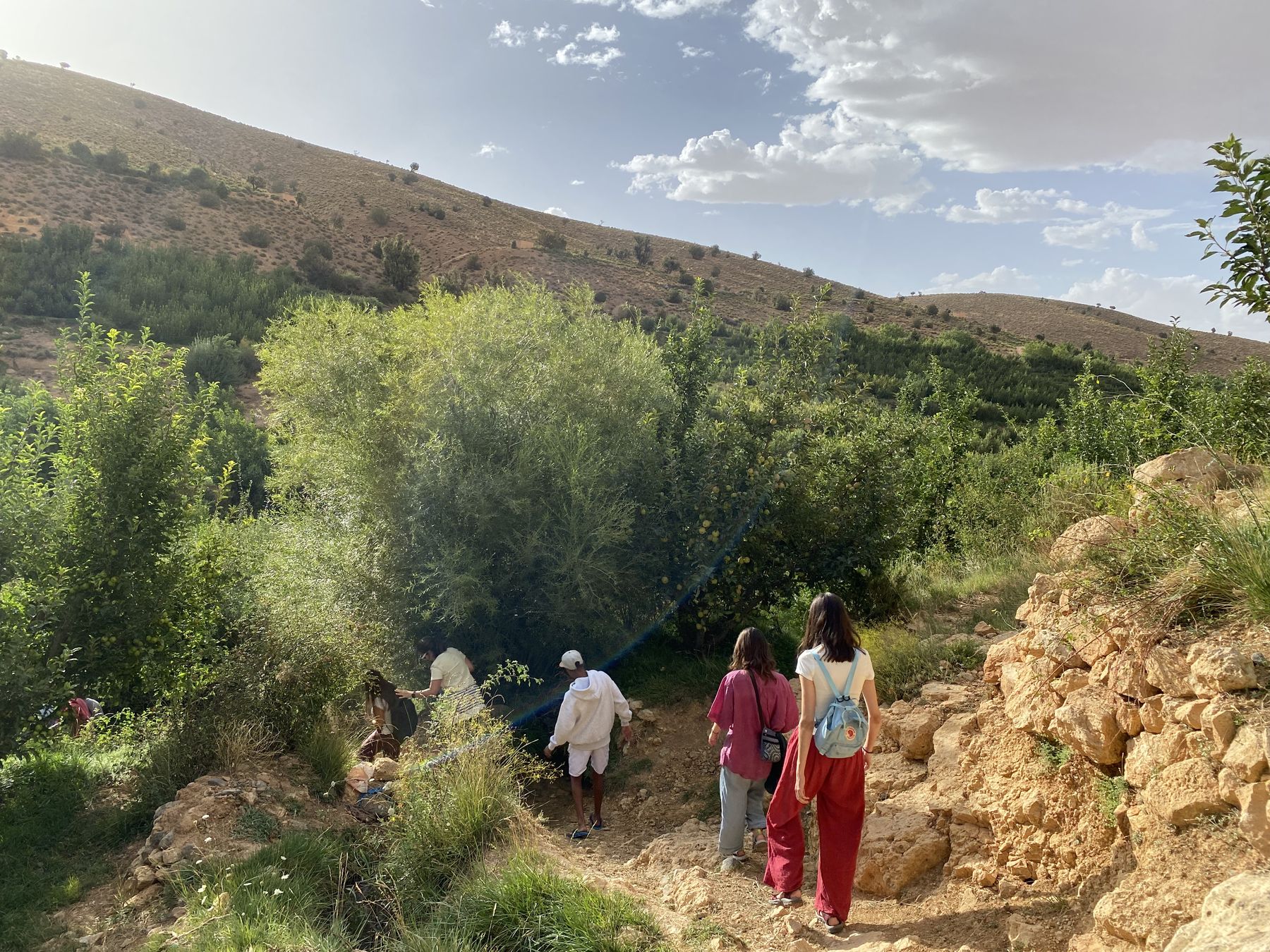 Senderistas bajando por un valle verde entre montañas